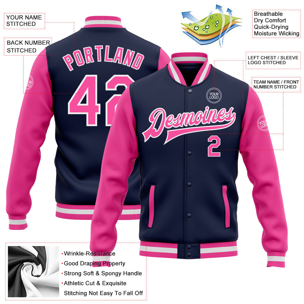 Custom Navy Pink-White Bomber Full-Snap Varsity Letterman Two Tone Jacket view 5