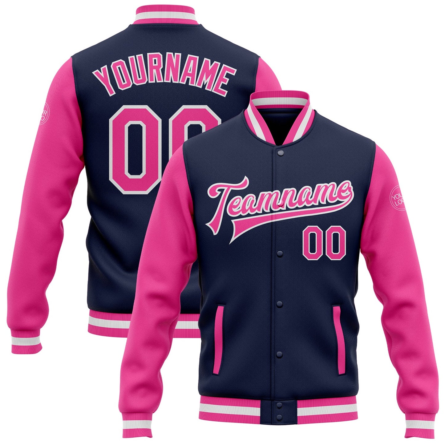 Custom Navy Pink-White Bomber Full-Snap Varsity Letterman Two Tone Jacket - Main View