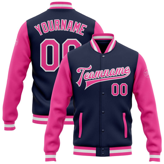 Custom Navy Pink-White Bomber Full-Snap Varsity Letterman Two Tone Jacket - Main View