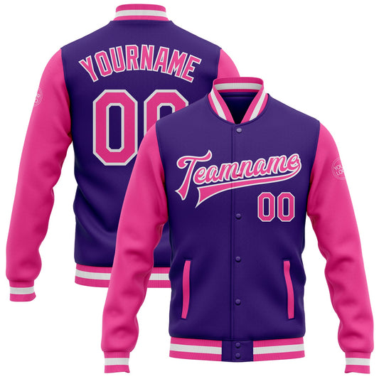 Custom Purple Pink-White Bomber Full-Snap Varsity Letterman Two Tone Jacket - Main View