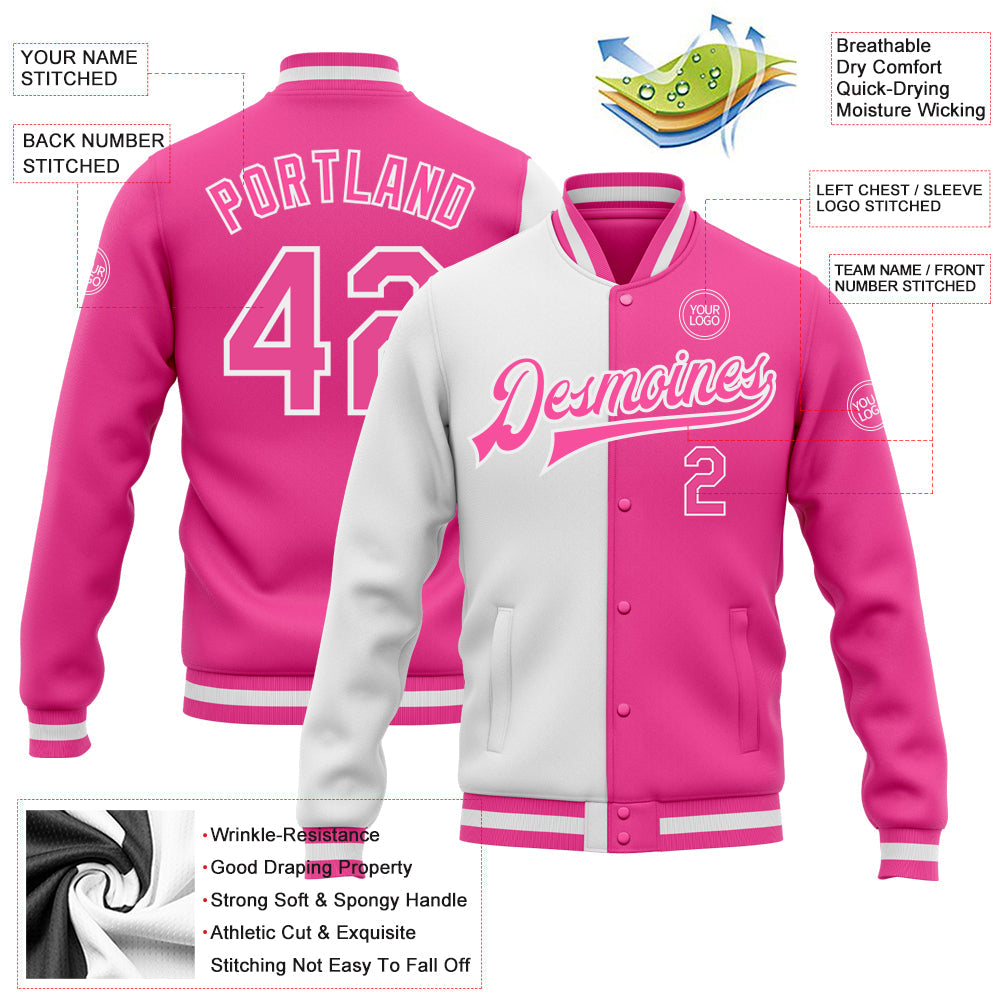Custom Pink Pink-White Bomber Full-Snap Varsity Letterman Split Fashion Jacket view 5