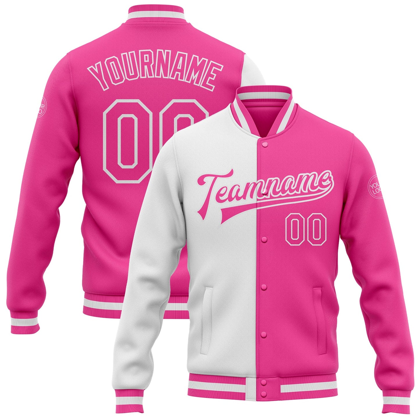 Custom Pink Pink-White Bomber Full-Snap Varsity Letterman Split Fashion Jacket - Main View