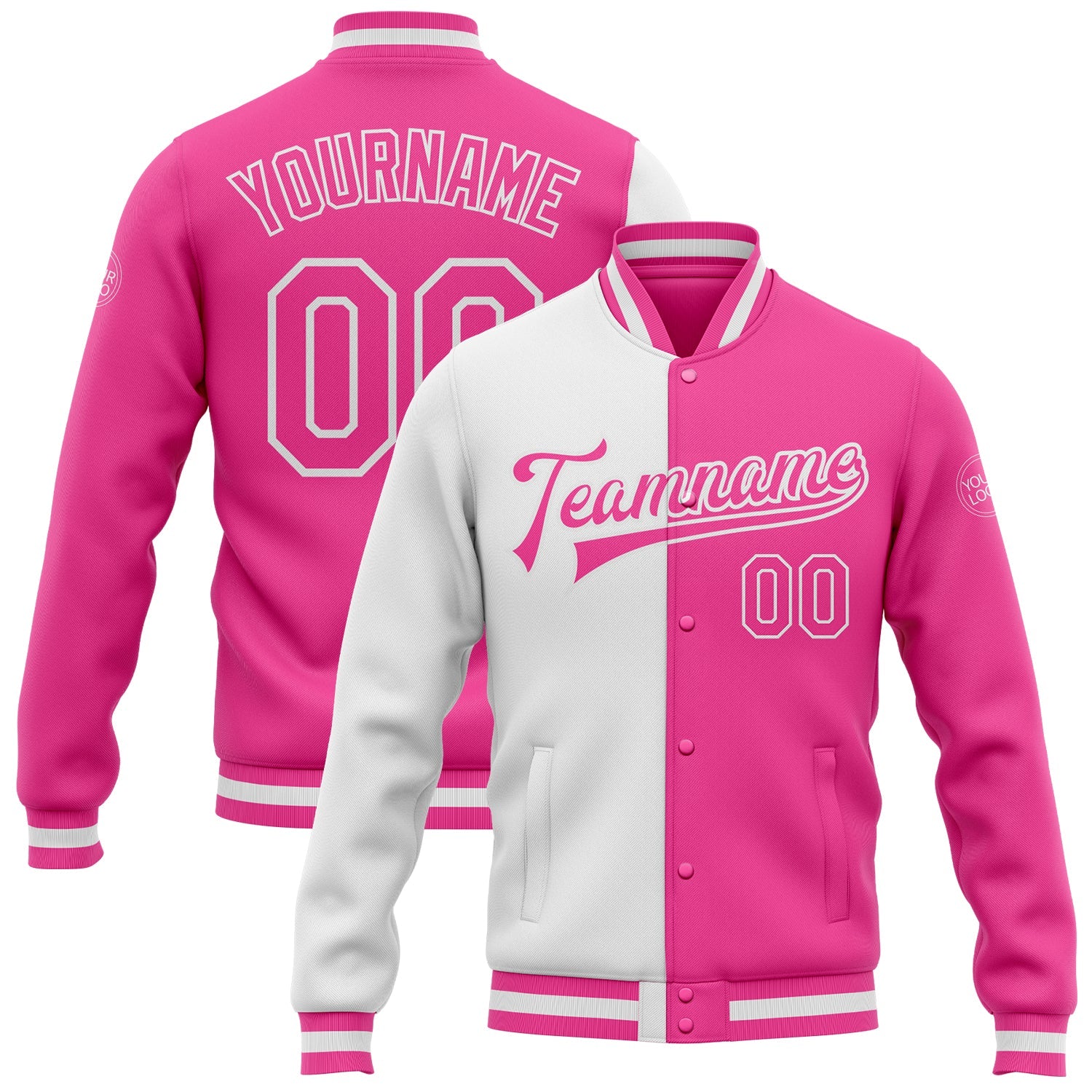 Custom Pink Pink-White Bomber Full-Snap Varsity Letterman Split Fashion Jacket - Main View