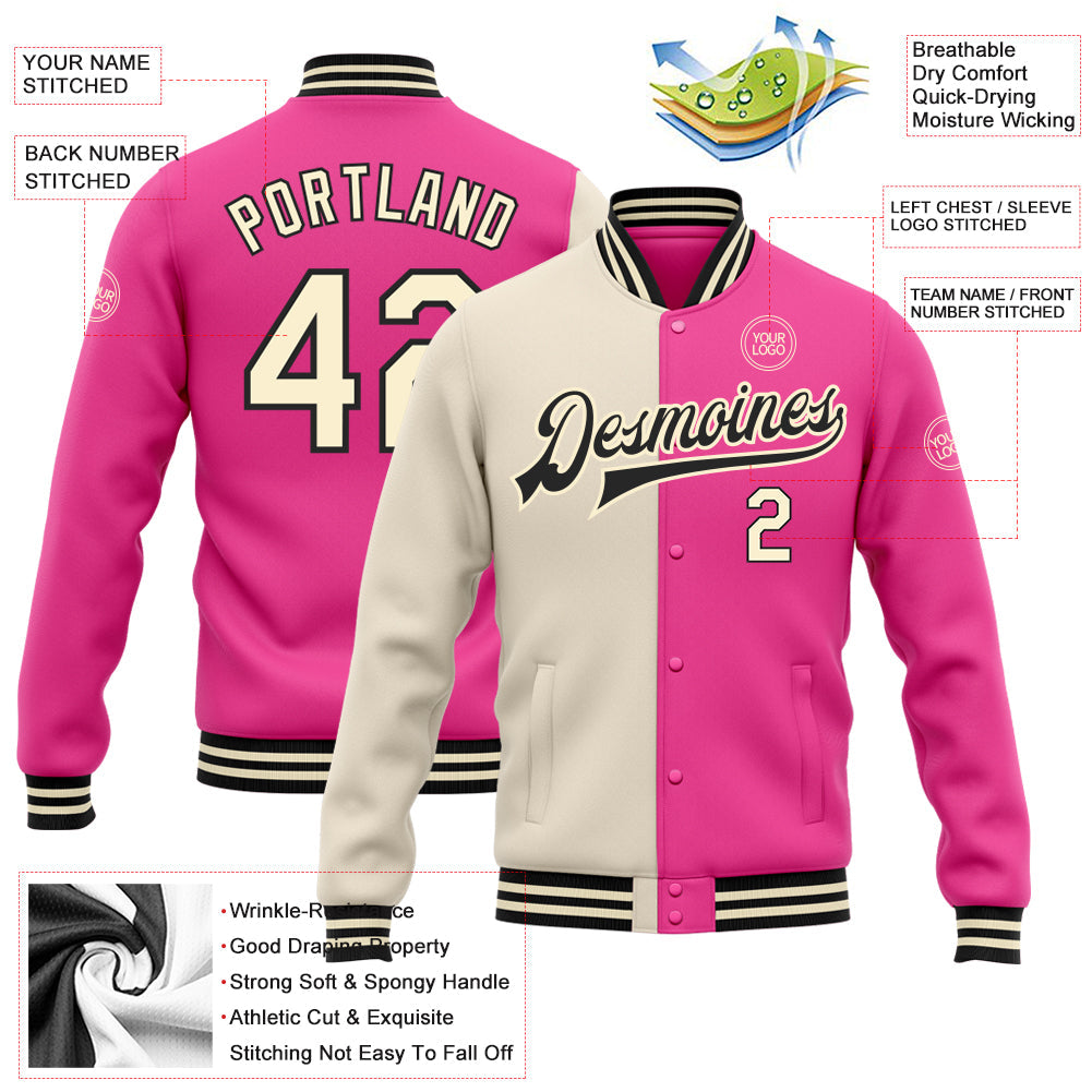Custom Pink Cream-Black Bomber Full-Snap Varsity Letterman Split Fashion Jacket view 5