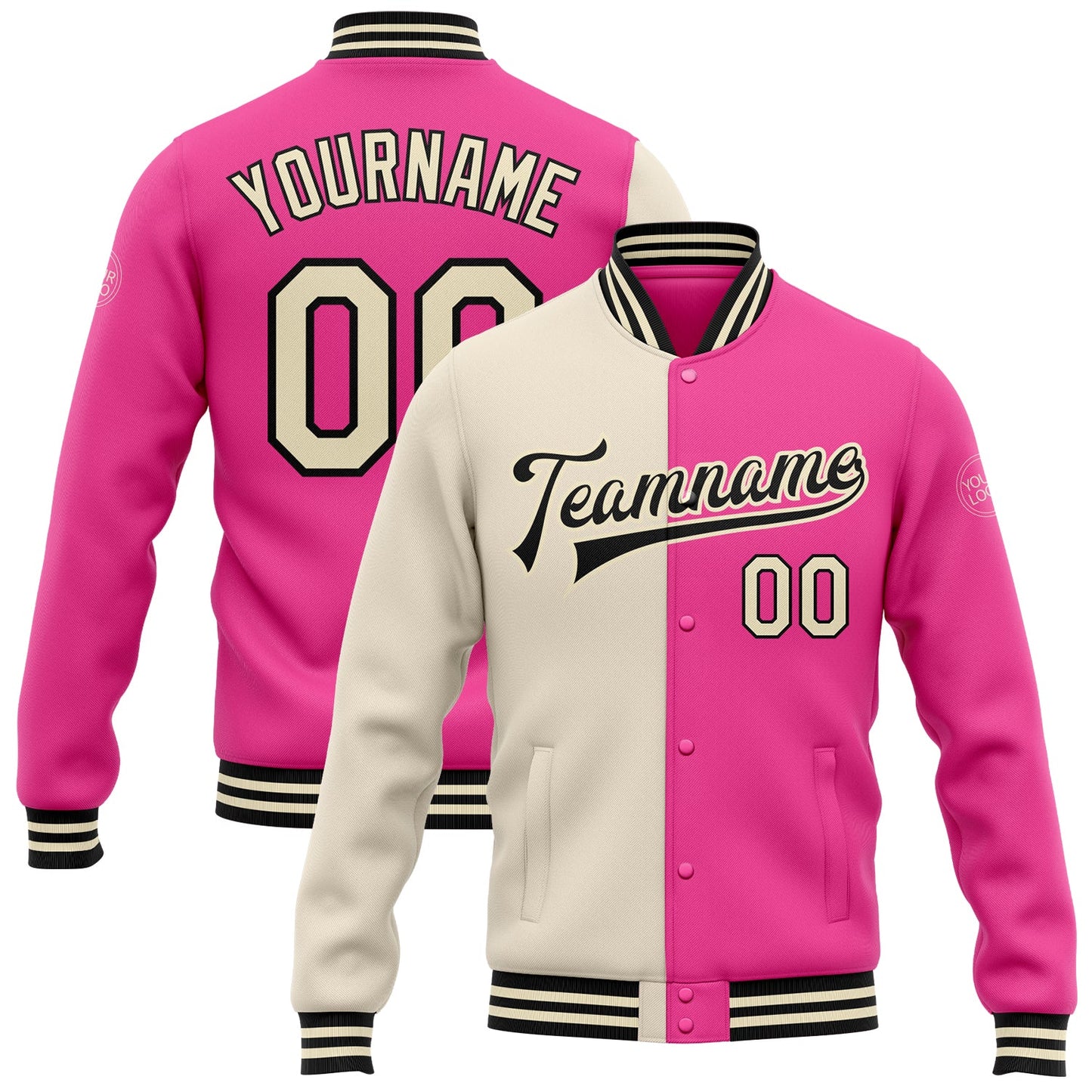 Custom Pink Cream-Black Bomber Full-Snap Varsity Letterman Split Fashion Jacket - Main View