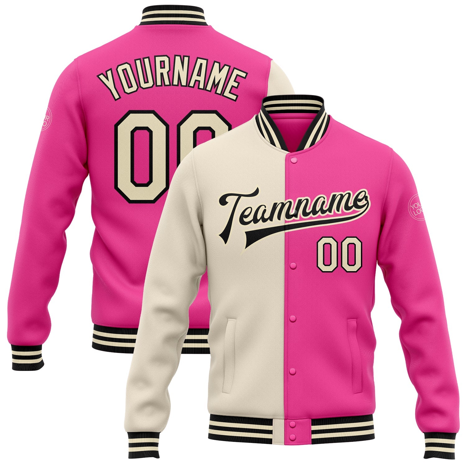 Custom Pink Cream-Black Bomber Full-Snap Varsity Letterman Split Fashion Jacket - Main View
