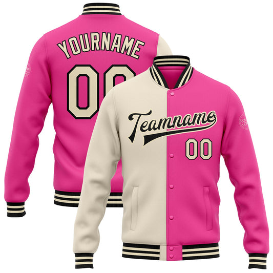 Custom Pink Cream-Black Bomber Full-Snap Varsity Letterman Split Fashion Jacket - Main View