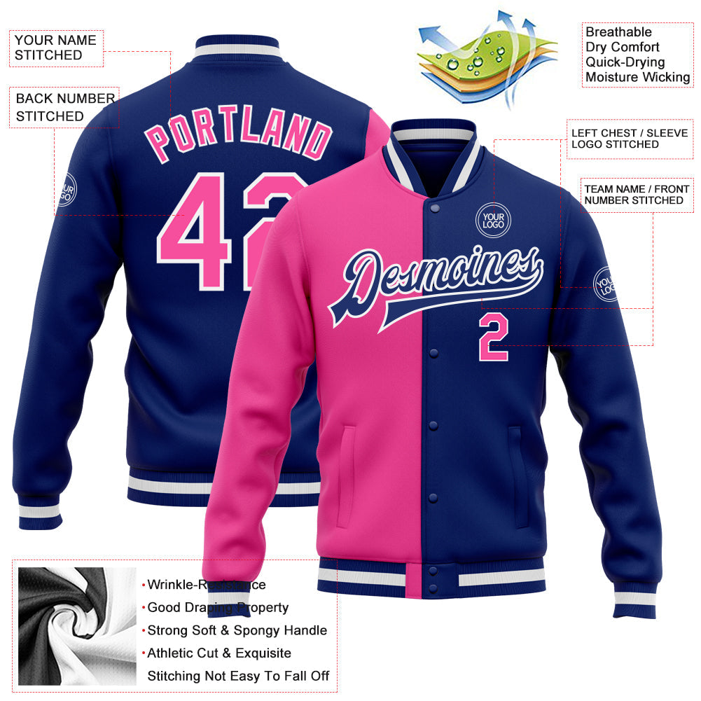 Custom Royal Pink-White Bomber Full-Snap Varsity Letterman Split Fashion Jacket view 5