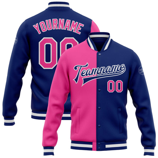 Custom Royal Pink-White Bomber Full-Snap Varsity Letterman Split Fashion Jacket - Main View