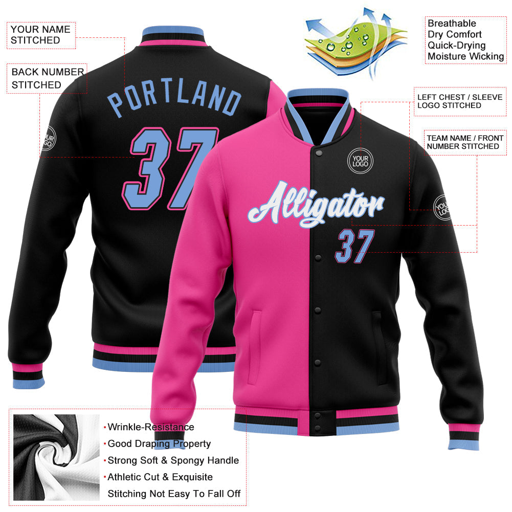 Custom Black Light Blue-Pink Bomber Full-Snap Varsity Letterman Split Fashion Jacket view 5