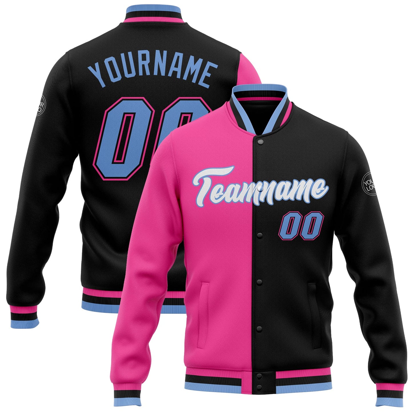 Custom Black Light Blue-Pink Bomber Full-Snap Varsity Letterman Split Fashion Jacket - Main View