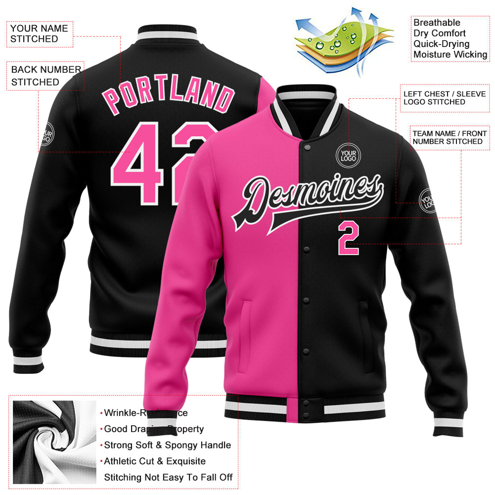 Custom Black Pink-White Bomber Full-Snap Varsity Letterman Split Fashion Jacket view 5