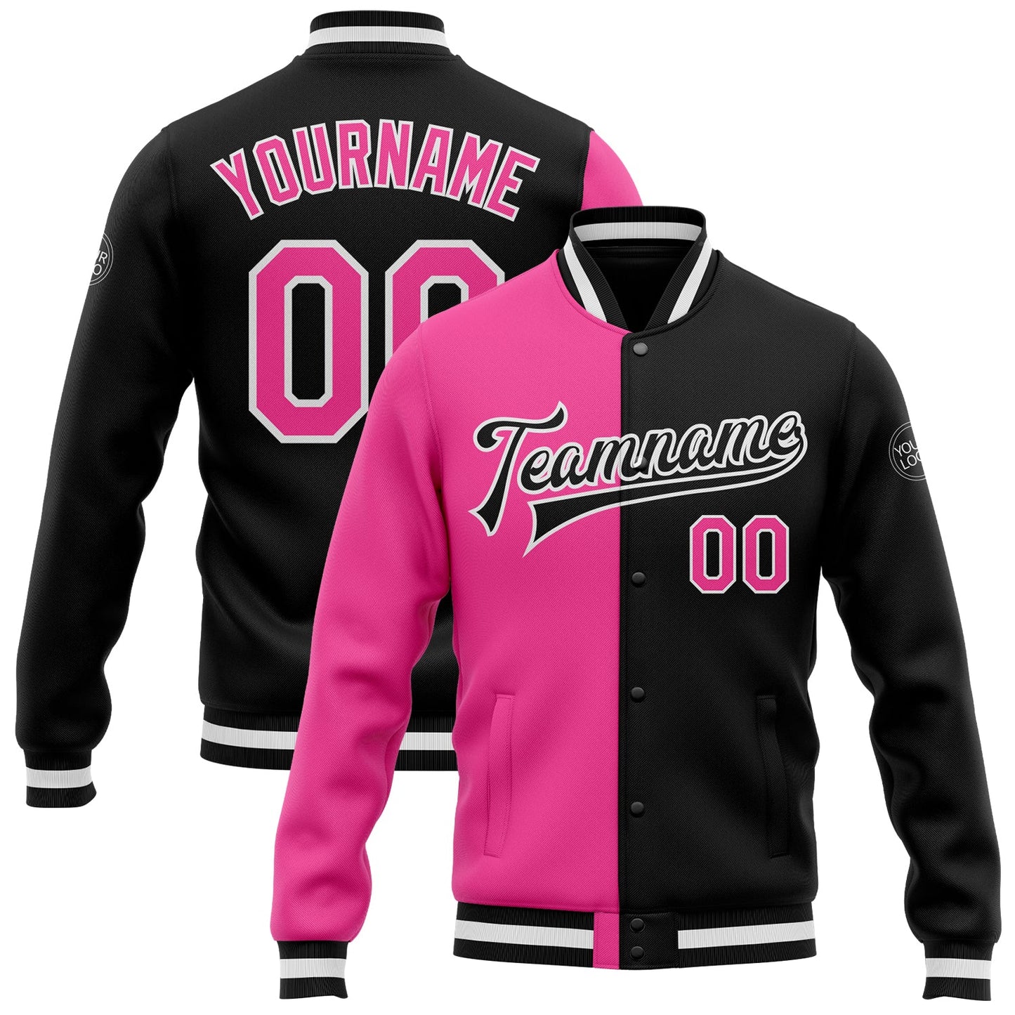 Custom Black Pink-White Bomber Full-Snap Varsity Letterman Split Fashion Jacket - Main View