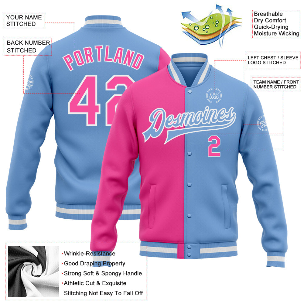 Custom Light Blue Pink-White Bomber Full-Snap Varsity Letterman Split Fashion Jacket view 5