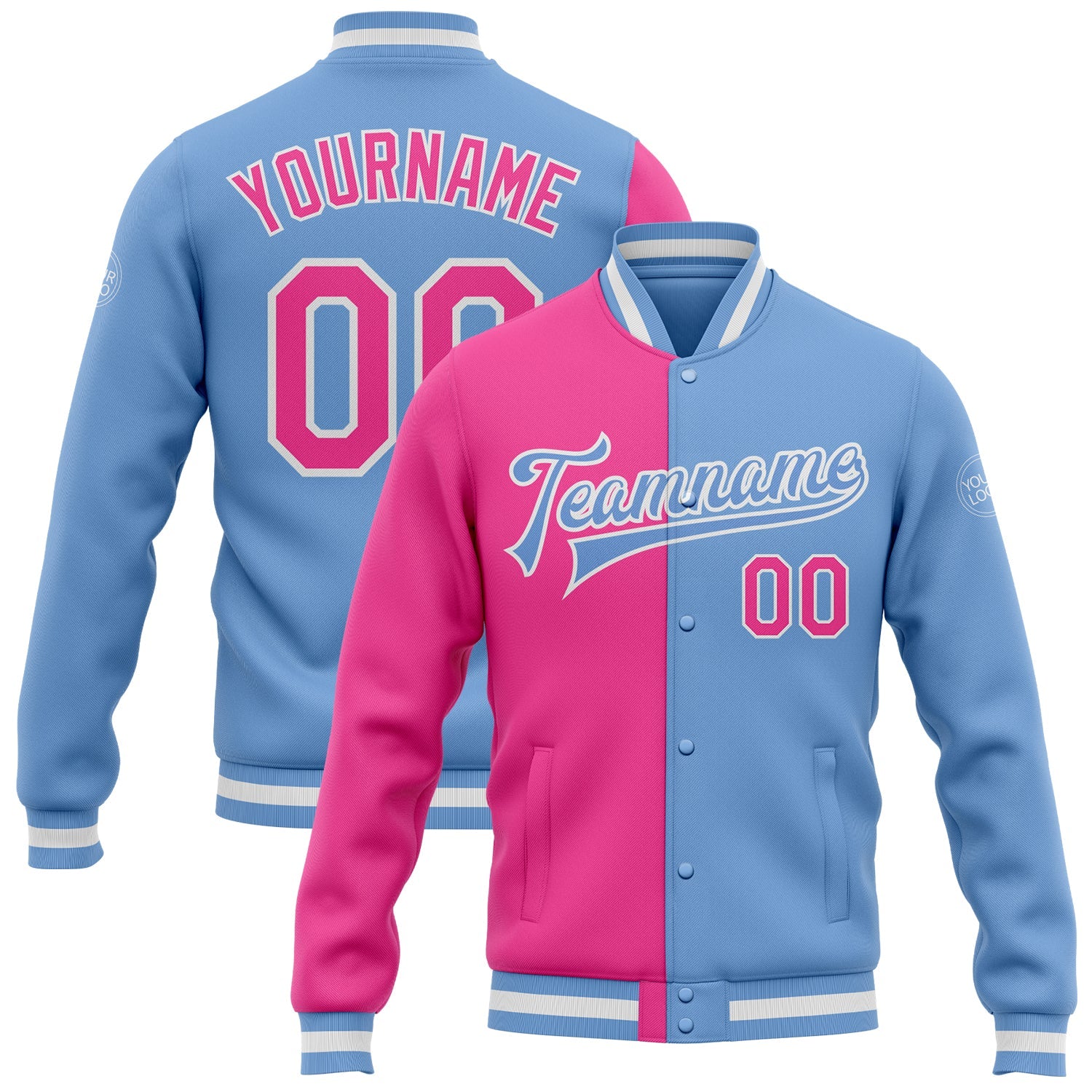 Custom Light Blue Pink-White Bomber Full-Snap Varsity Letterman Split Fashion Jacket - Main View