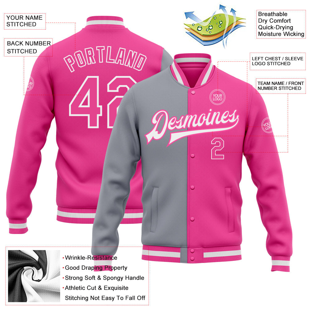 Custom Pink Pink-Gray Bomber Full-Snap Varsity Letterman Split Fashion Jacket view 5