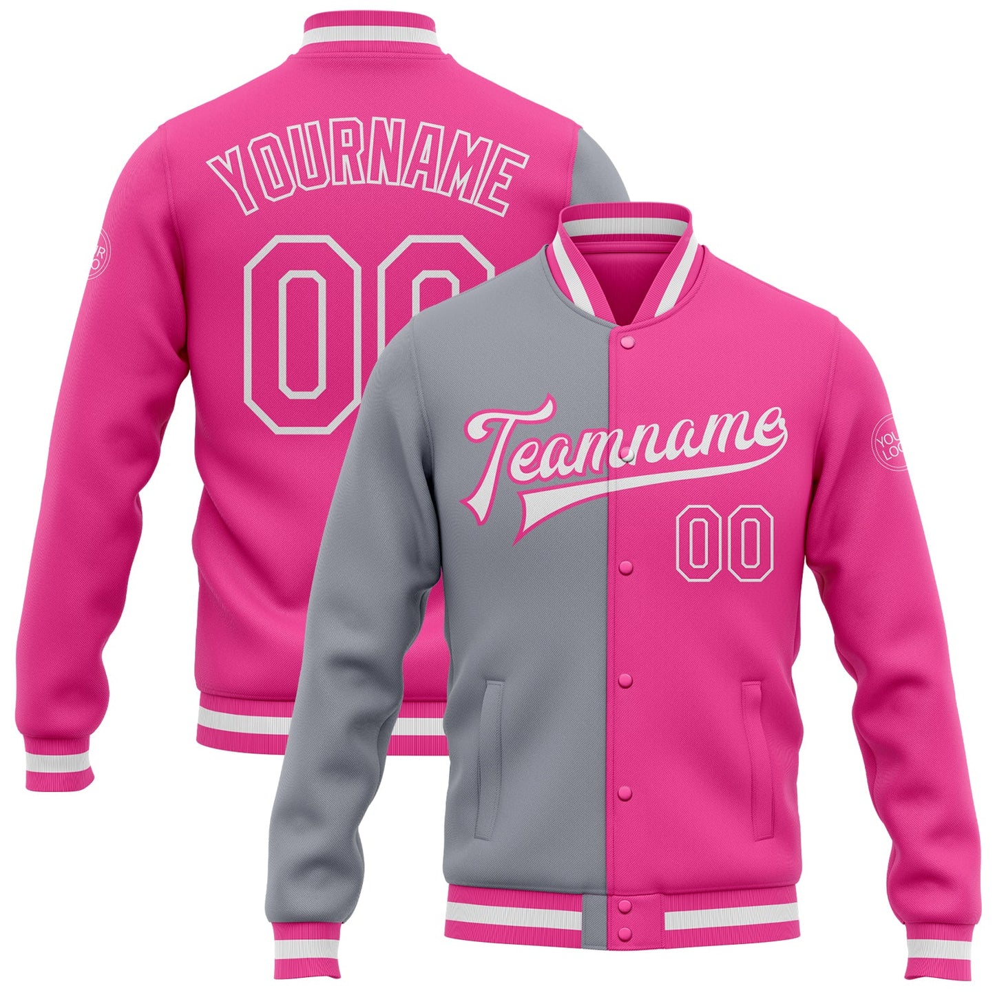 Custom Pink Pink-Gray Bomber Full-Snap Varsity Letterman Split Fashion Jacket - Main View