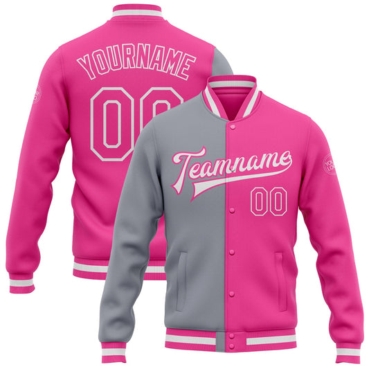 Custom Pink Pink-Gray Bomber Full-Snap Varsity Letterman Split Fashion Jacket - Main View