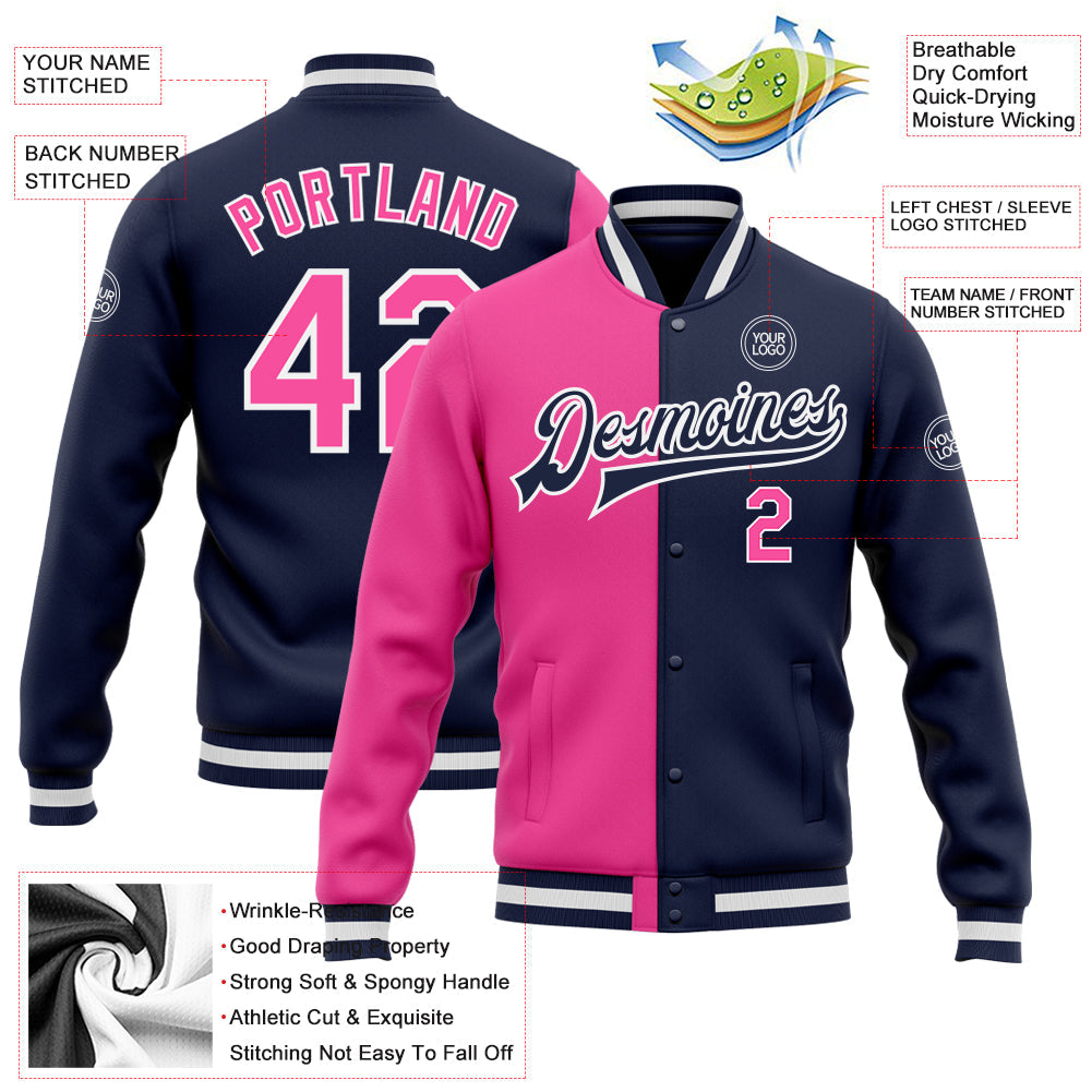 Custom Navy Pink-White Bomber Full-Snap Varsity Letterman Split Fashion Jacket view 5