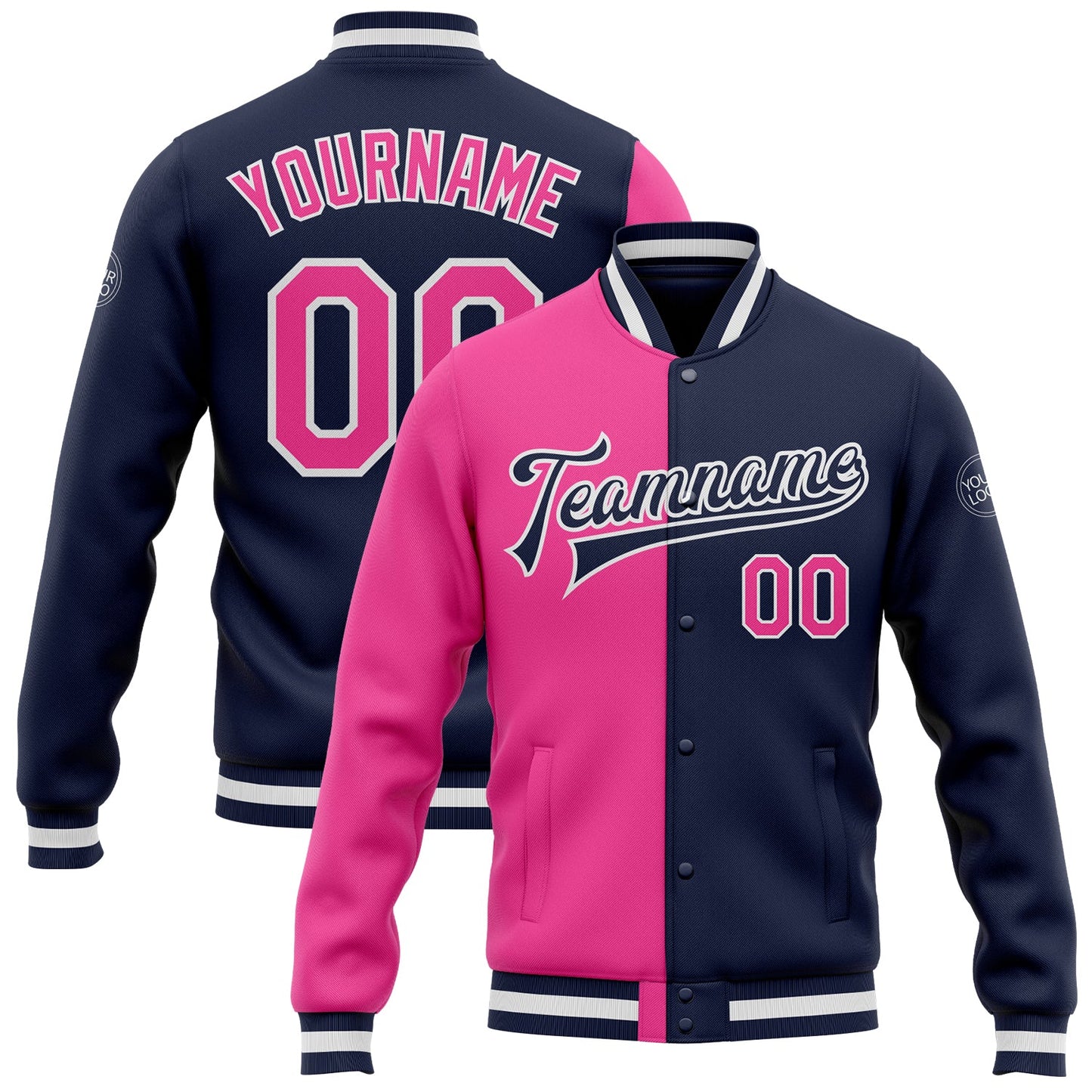 Custom Navy Pink-White Bomber Full-Snap Varsity Letterman Split Fashion Jacket - Main View
