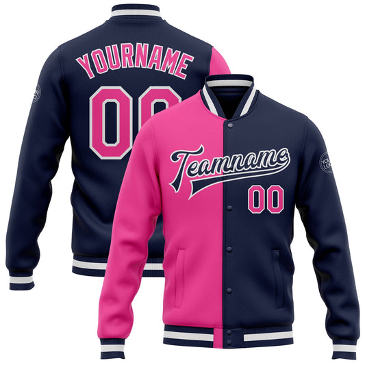 Custom Navy Pink-White Bomber Full-Snap Varsity Letterman Split Fashion Jacket - Main View