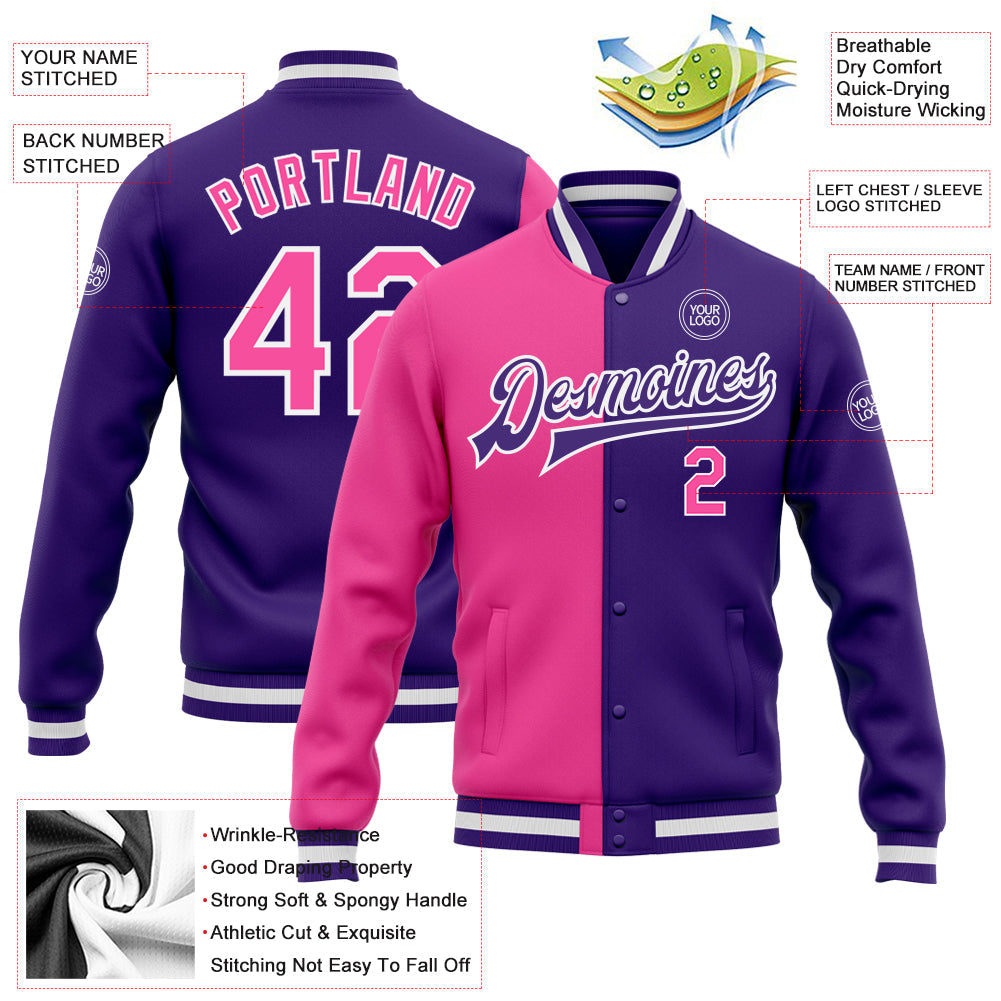 Custom Purple Pink-White Bomber Full-Snap Varsity Letterman Split Fashion Jacket view 5