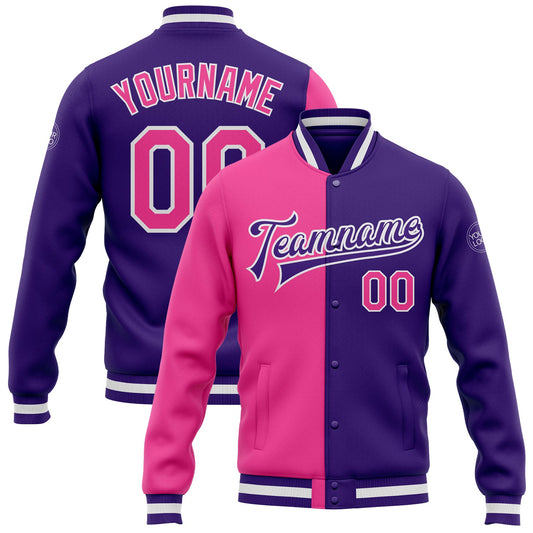 Custom Purple Pink-White Bomber Full-Snap Varsity Letterman Split Fashion Jacket - Main View