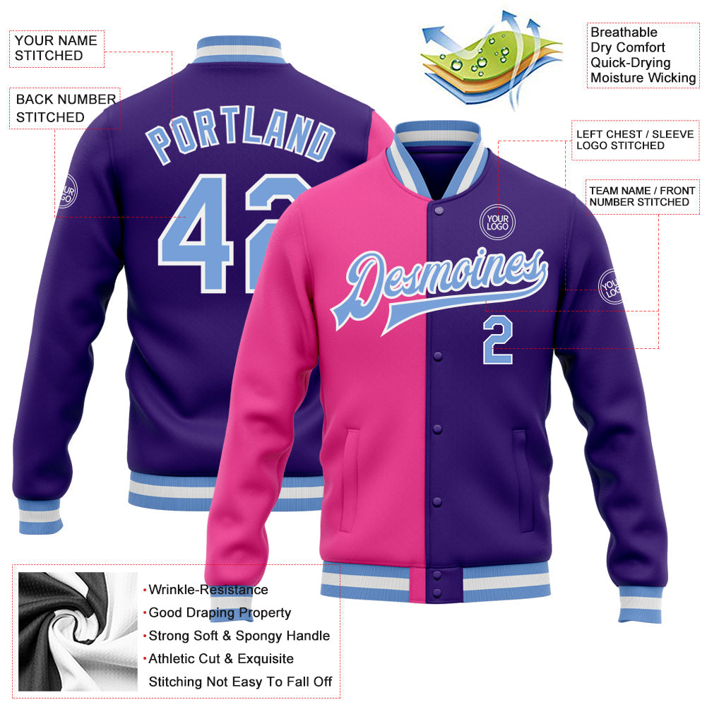 Custom Purple Light Blue-Pink Bomber Full-Snap Varsity Letterman Split Fashion Jacket view 5