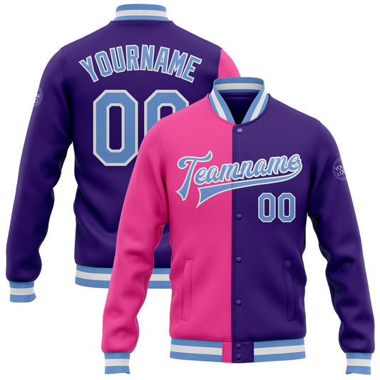 Custom Purple Light Blue-Pink Bomber Full-Snap Varsity Letterman Split Fashion Jacket - Main View