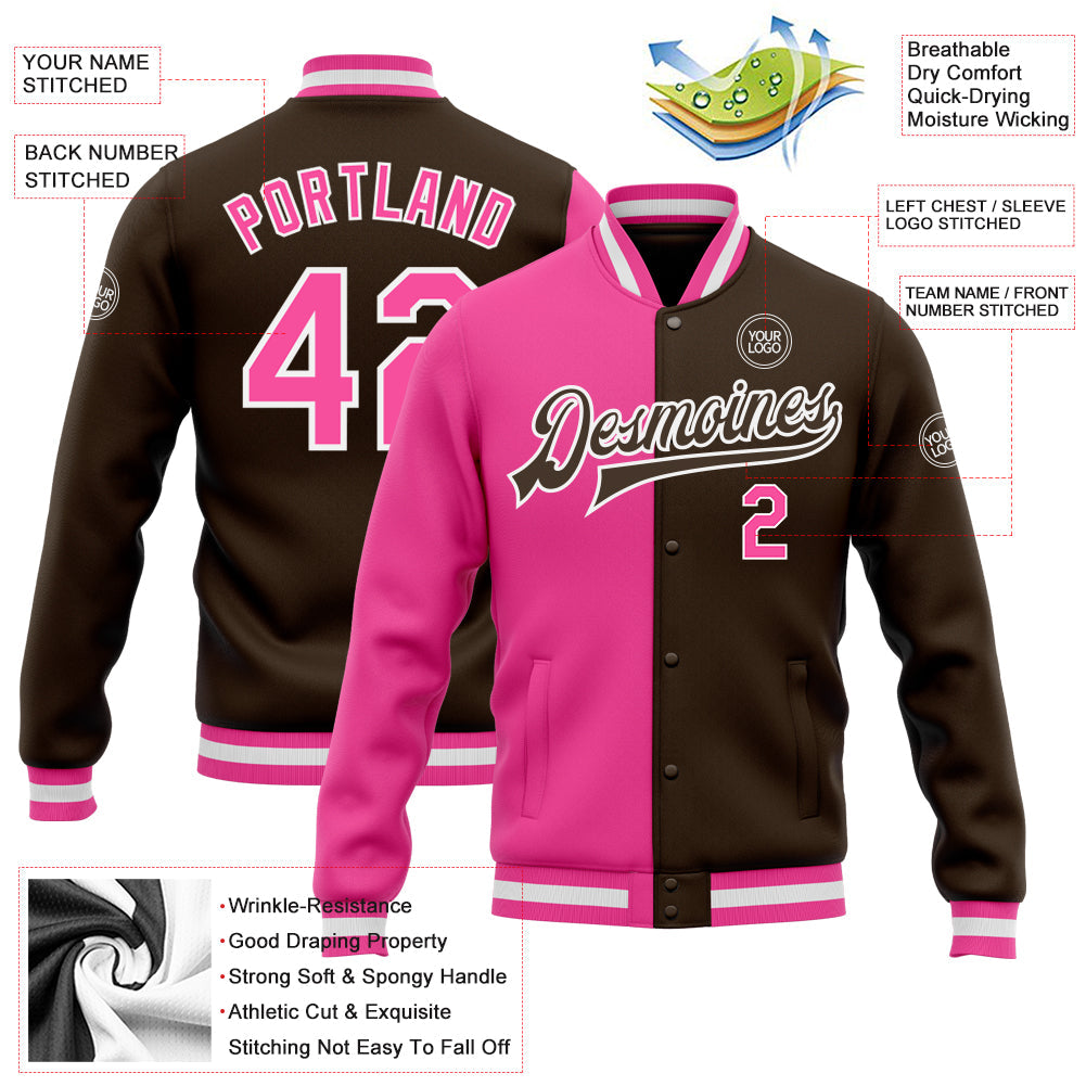Custom Brown Pink-White Bomber Full-Snap Varsity Letterman Split Fashion Jacket view 5