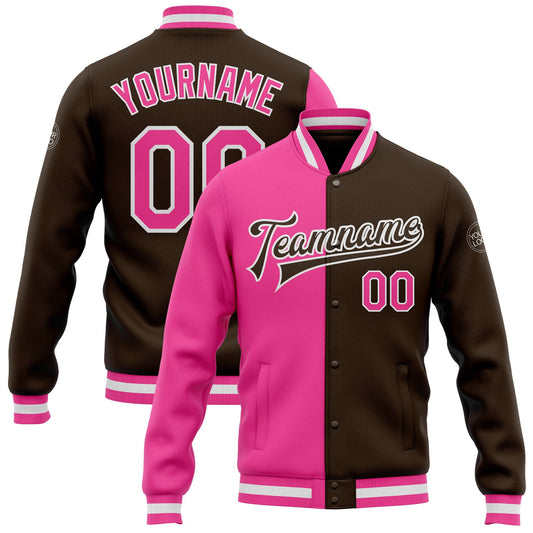 Custom Brown Pink-White Bomber Full-Snap Varsity Letterman Split Fashion Jacket - Main View