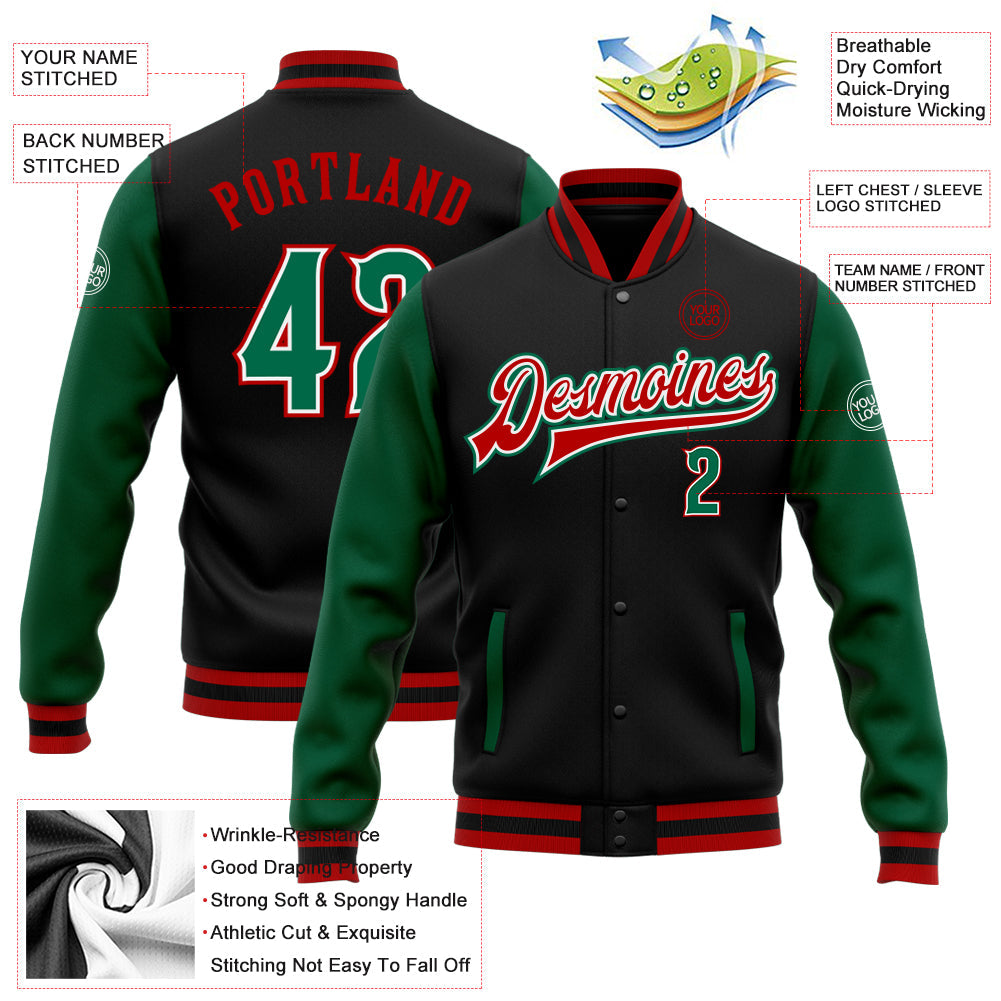 Custom Black Kelly Green-Red Bomber Full-Snap Varsity Letterman Two Tone Jacket view 5