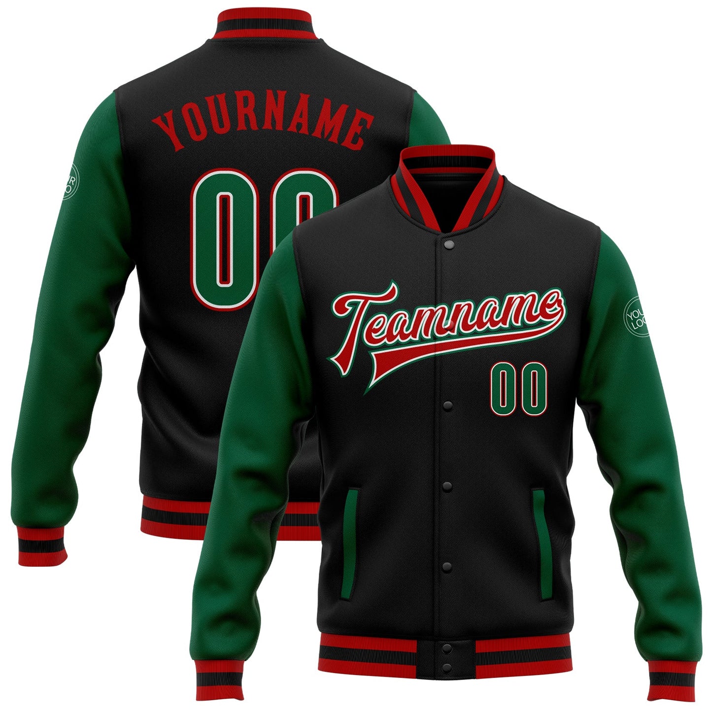 Custom Black Kelly Green-Red Bomber Full-Snap Varsity Letterman Two Tone Jacket - Main View