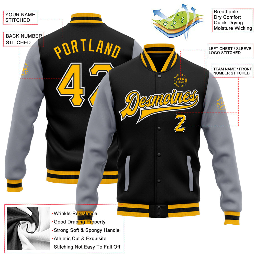 Custom Black Gold-Gray Bomber Full-Snap Varsity Letterman Two Tone Jacket view 5