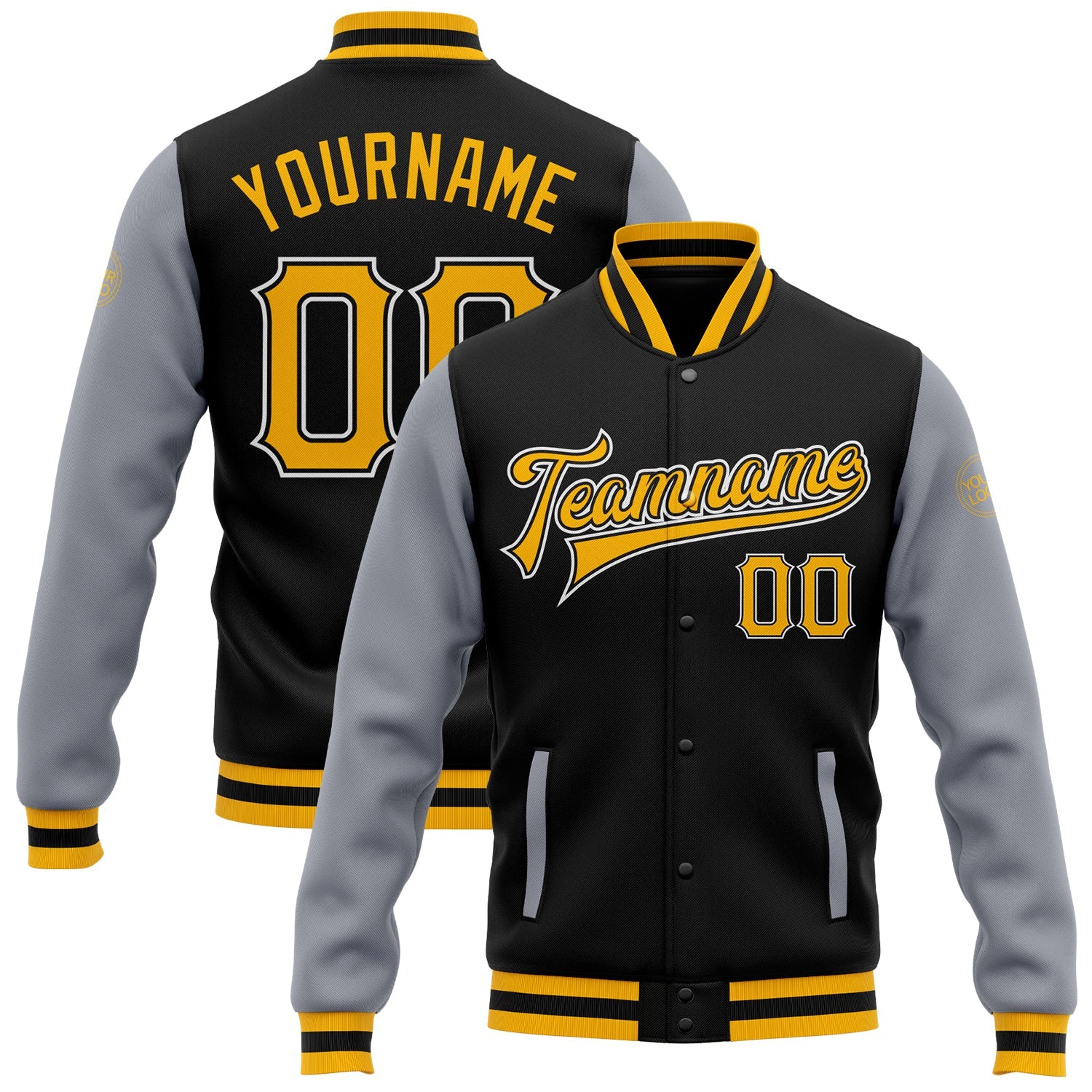 Custom Black Gold-Gray Bomber Full-Snap Varsity Letterman Two Tone Jacket - Main View