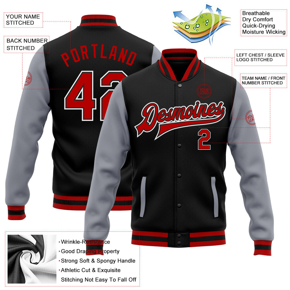 Custom Black Red-Gray Bomber Full-Snap Varsity Letterman Two Tone Jacket view 5
