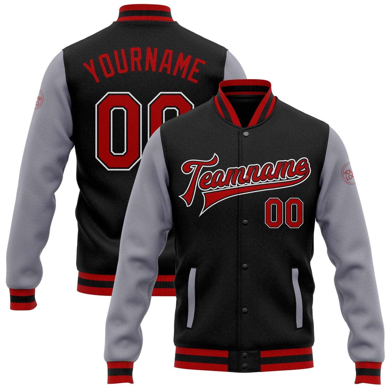 Custom Black Red-Gray Bomber Full-Snap Varsity Letterman Two Tone Jacket - Main View