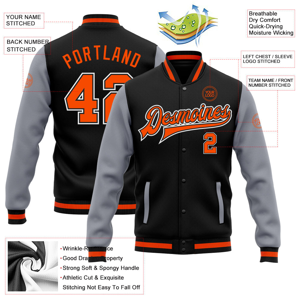 Custom Black Orange-Gray Bomber Full-Snap Varsity Letterman Two Tone Jacket view 5