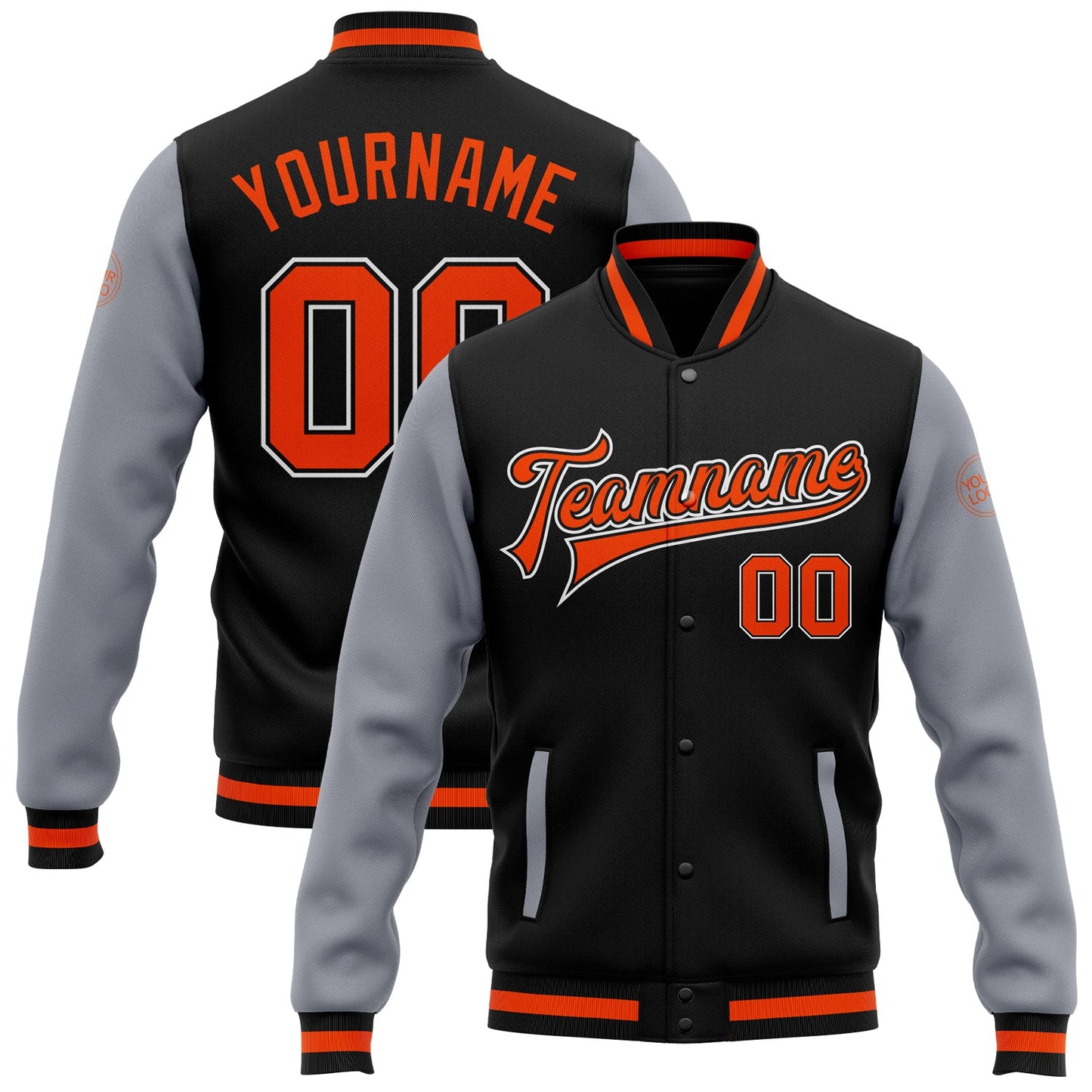 Custom Black Orange-Gray Bomber Full-Snap Varsity Letterman Two Tone Jacket - Main View