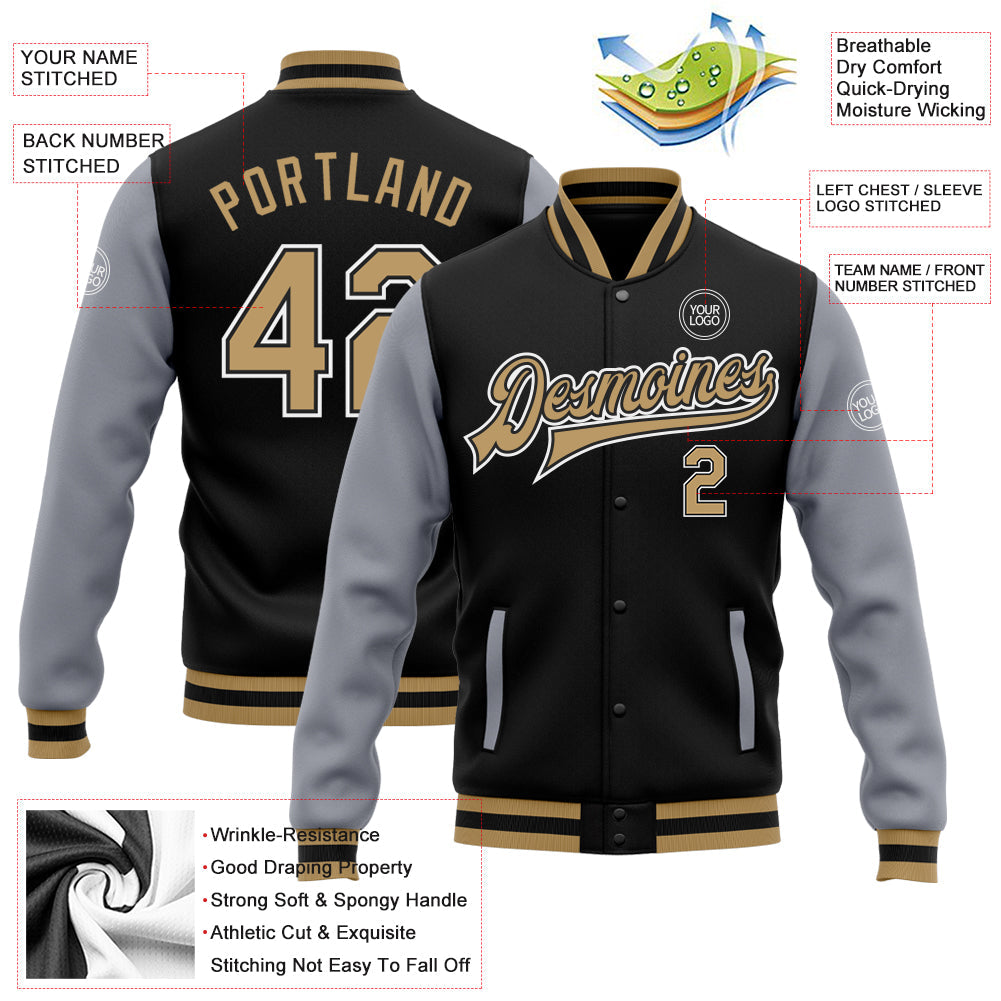 Custom Black Old Gold-Gray Bomber Full-Snap Varsity Letterman Two Tone Jacket view 5