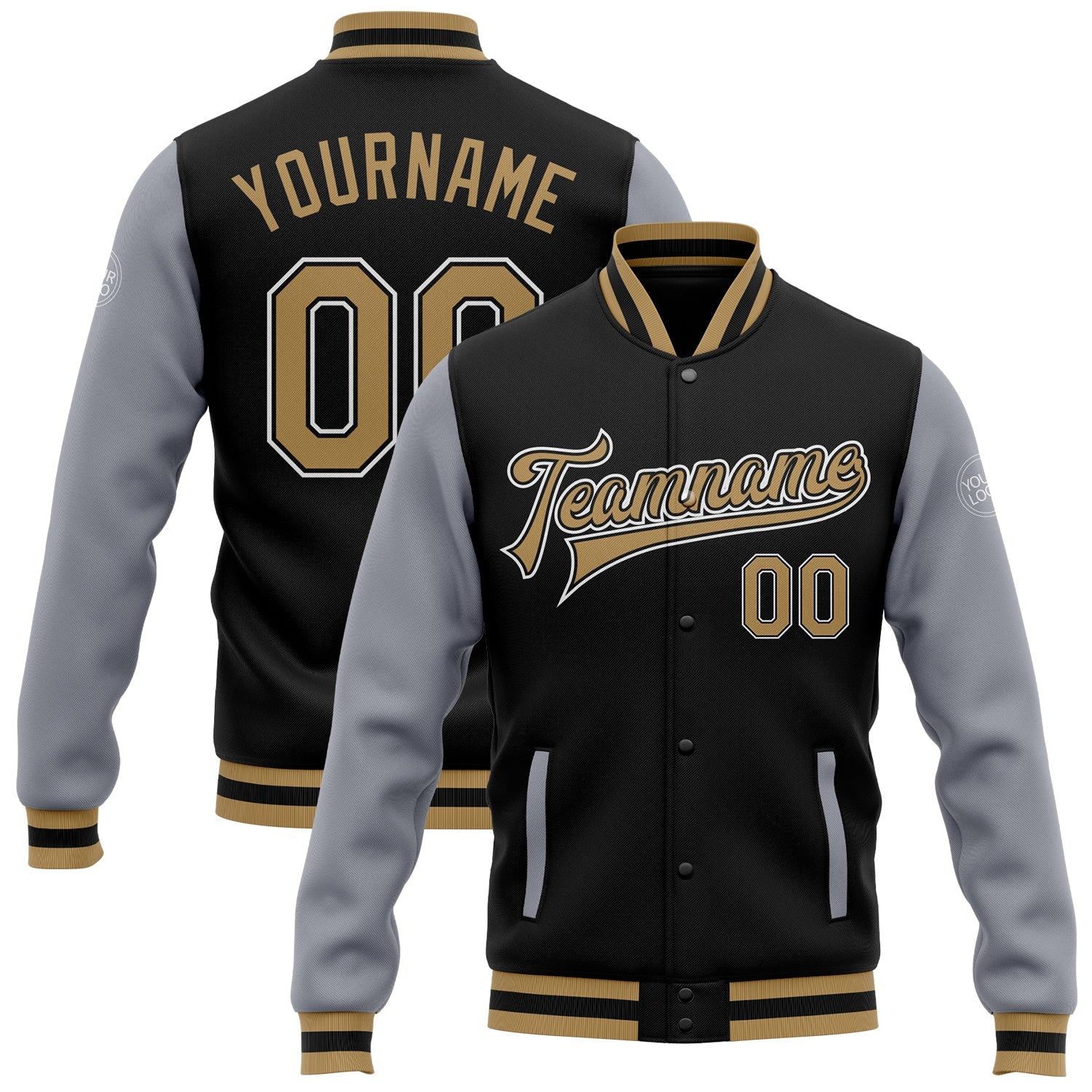 Custom Black Old Gold-Gray Bomber Full-Snap Varsity Letterman Two Tone Jacket - Main View