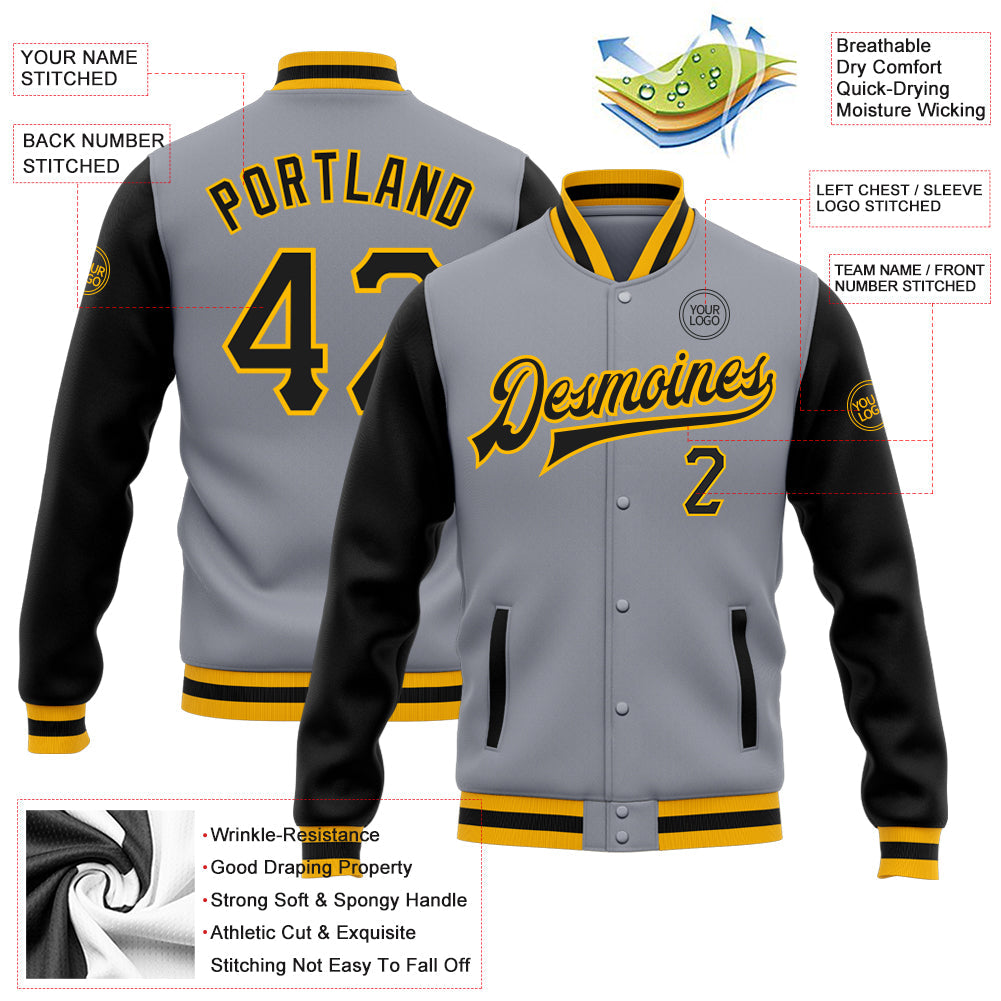 Custom Gray Black-Gold Bomber Full-Snap Varsity Letterman Two Tone Jacket view 5