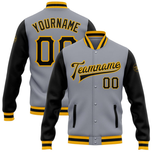 Custom Gray Black-Gold Bomber Full-Snap Varsity Letterman Two Tone Jacket - Main View