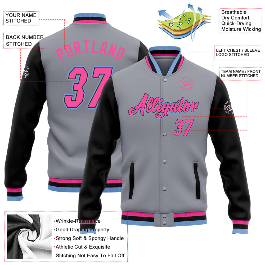 Custom Gray Pink Black-Light Blue Bomber Full-Snap Varsity Letterman Two Tone Jacket view 5
