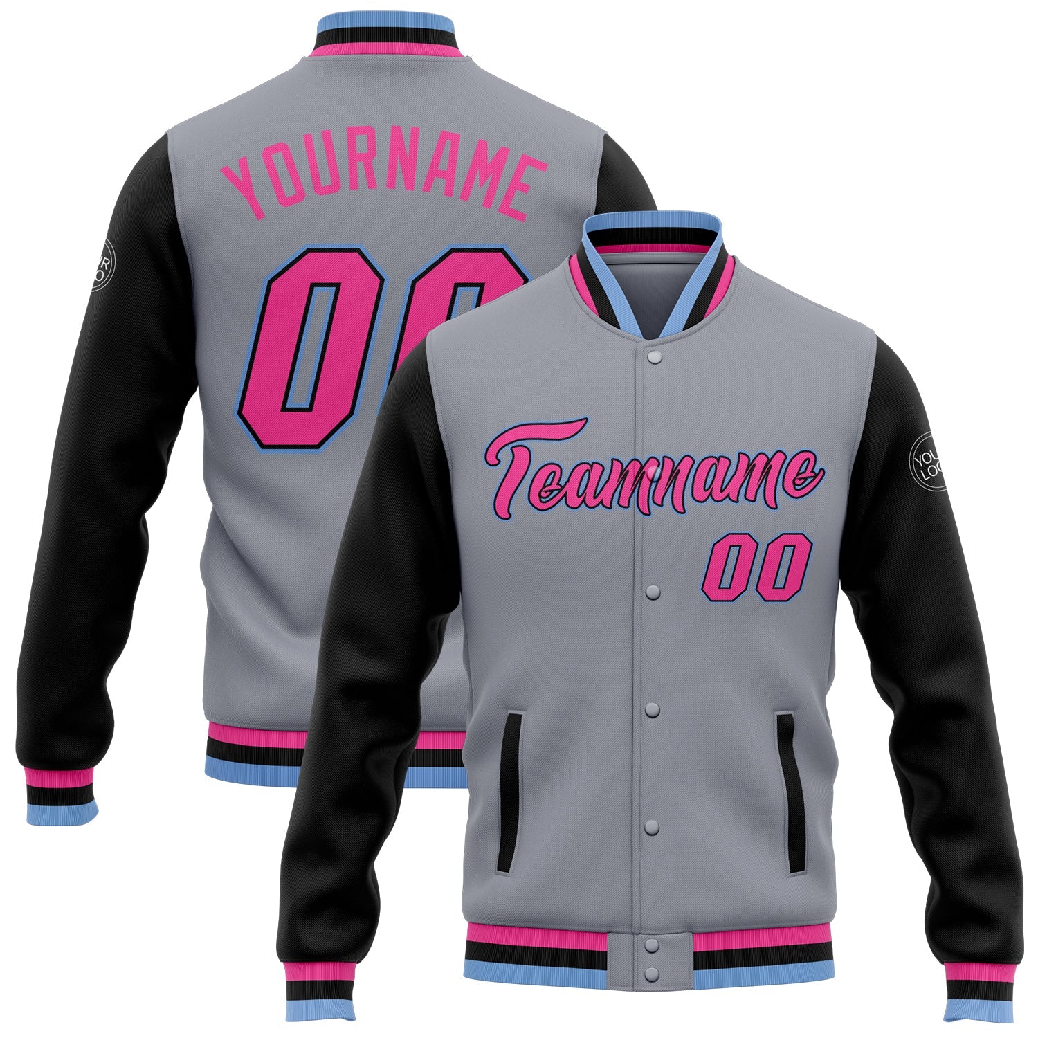 Custom Gray Pink Black-Light Blue Bomber Full-Snap Varsity Letterman Two Tone Jacket - Main View