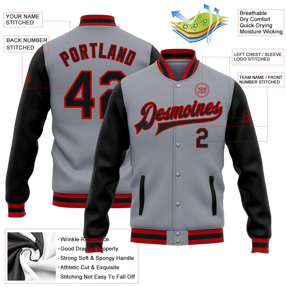 Custom Gray Black-Red Bomber Full-Snap Varsity Letterman Two Tone Jacket view 5