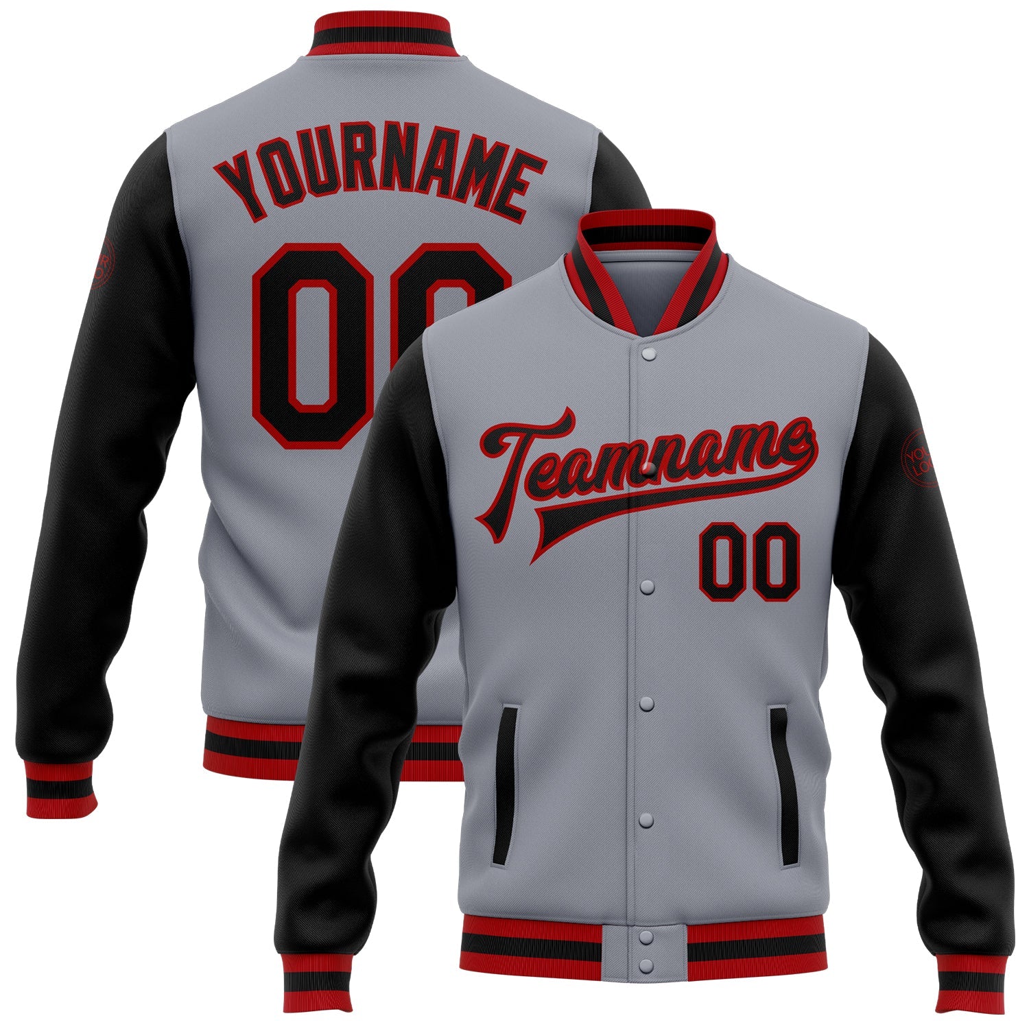 Custom Gray Black-Red Bomber Full-Snap Varsity Letterman Two Tone Jacket - Main View