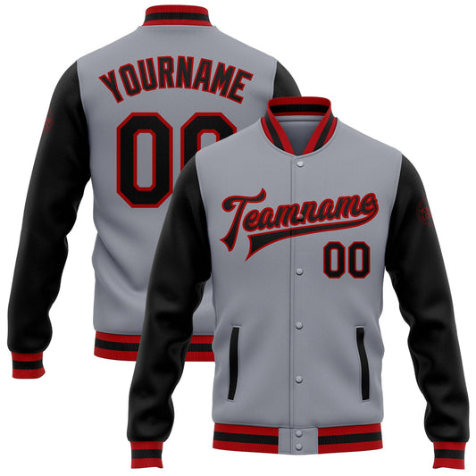 Custom Gray Black-Red Bomber Full-Snap Varsity Letterman Two Tone Jacket - Main View