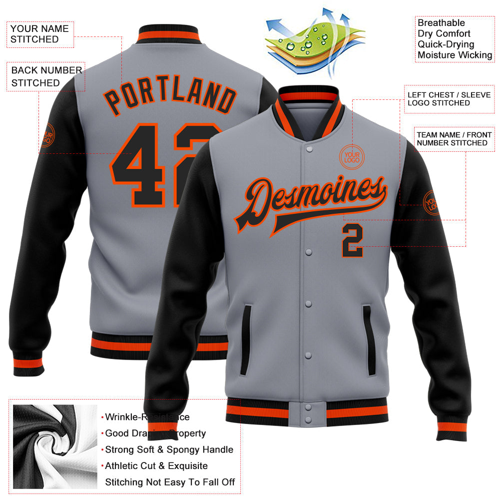 Custom Gray Black-Orange Bomber Full-Snap Varsity Letterman Two Tone Jacket view 5