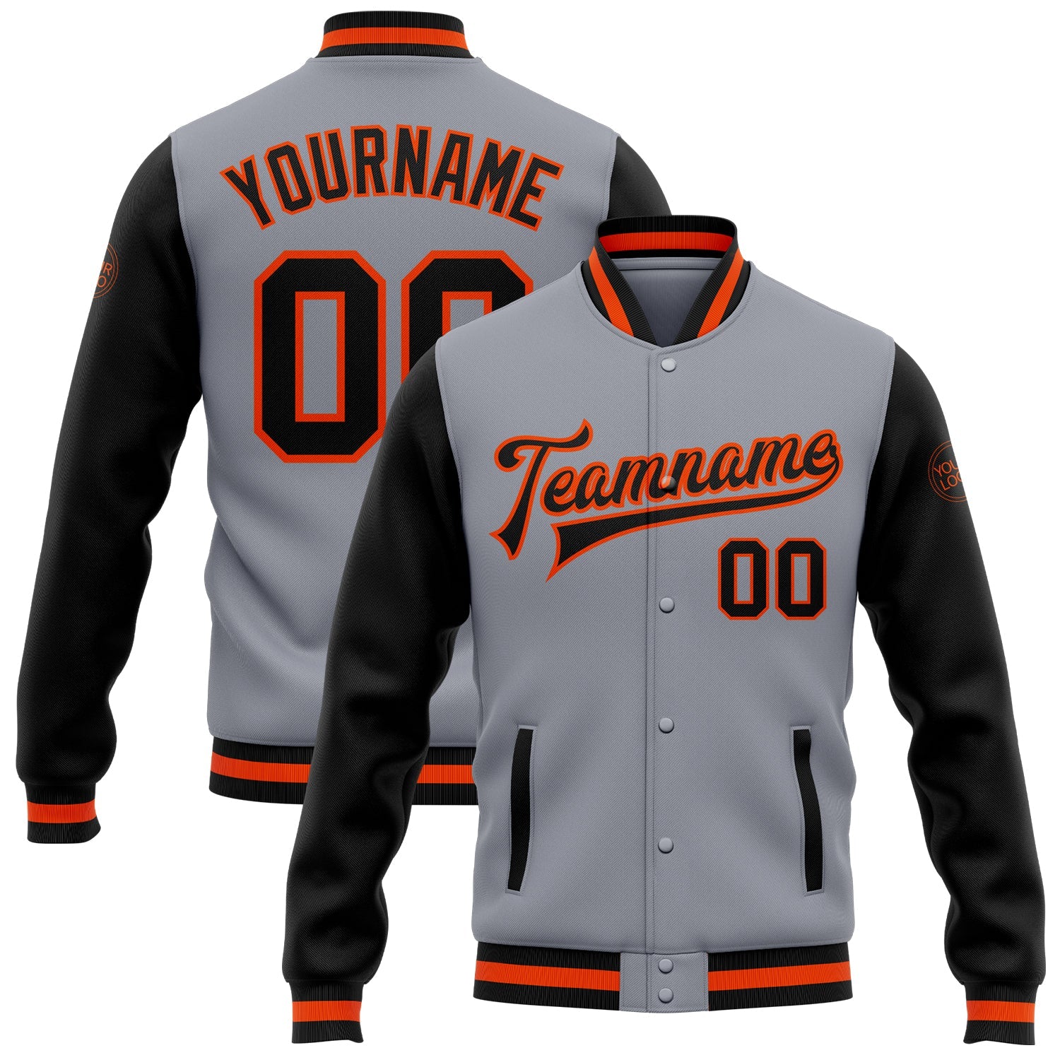 Custom Gray Black-Orange Bomber Full-Snap Varsity Letterman Two Tone Jacket - Main View